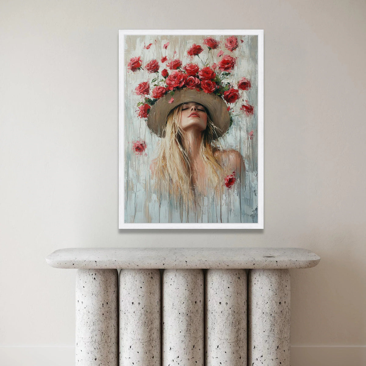Elegant Woman with Floral Hat Canvas, Romantic Red Roses Wall Art, Portrait Painting on Canvas, Feminine Home Decor, Nature Canvas Print Art