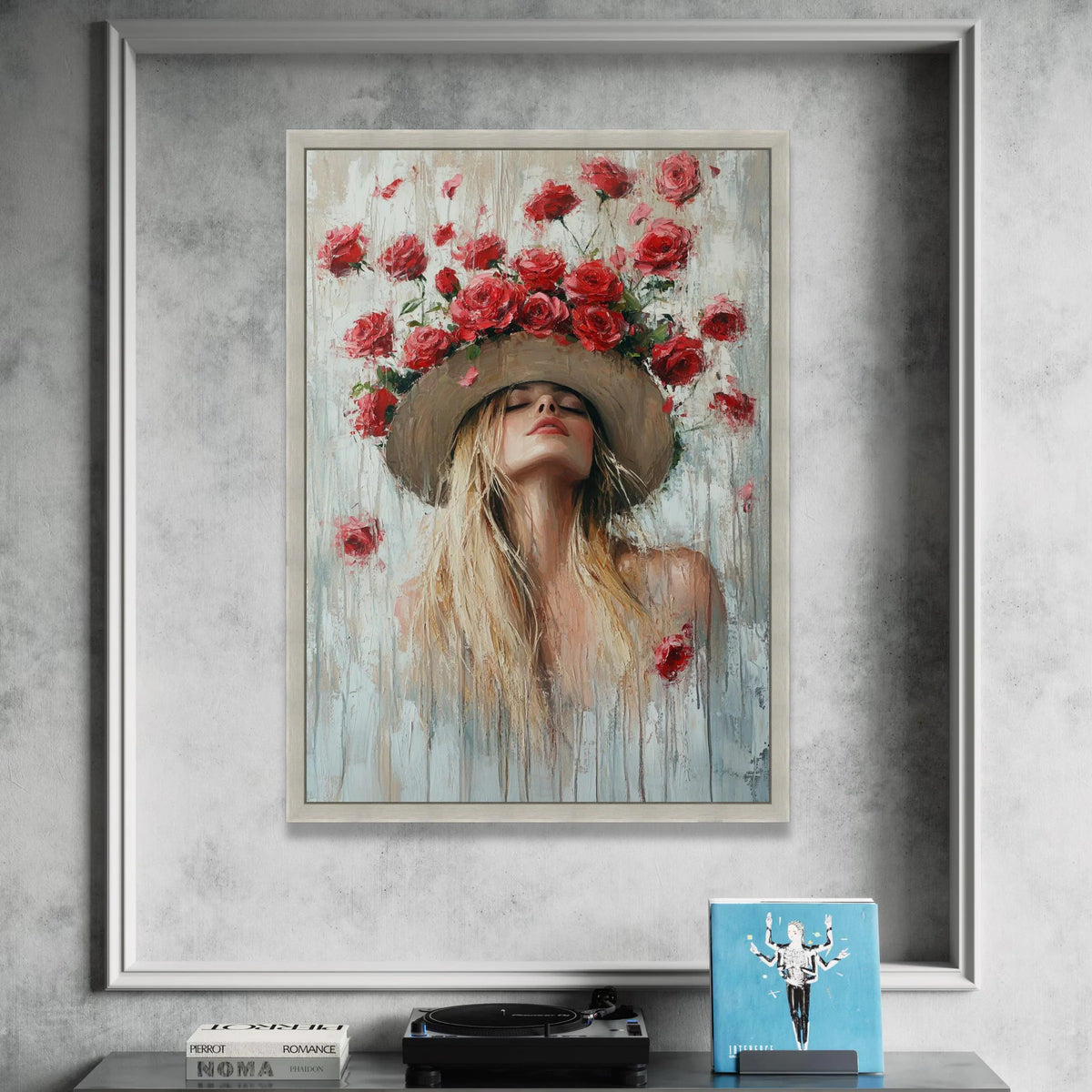 Elegant Woman with Floral Hat Canvas, Romantic Red Roses Wall Art, Portrait Painting on Canvas, Feminine Home Decor, Nature Canvas Print Art