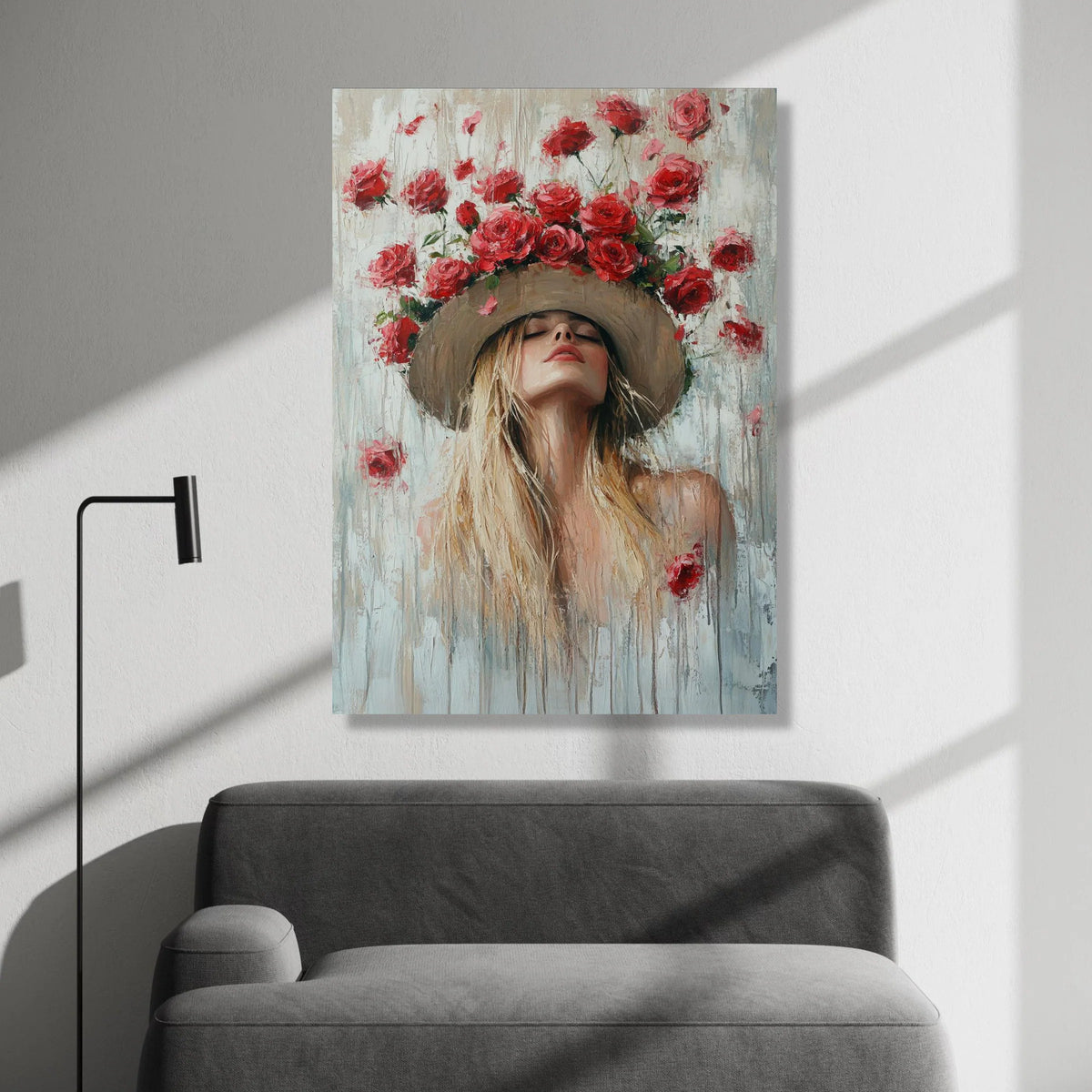 Elegant Woman with Floral Hat Canvas, Romantic Red Roses Wall Art, Portrait Painting on Canvas, Feminine Home Decor, Nature Canvas Print Art