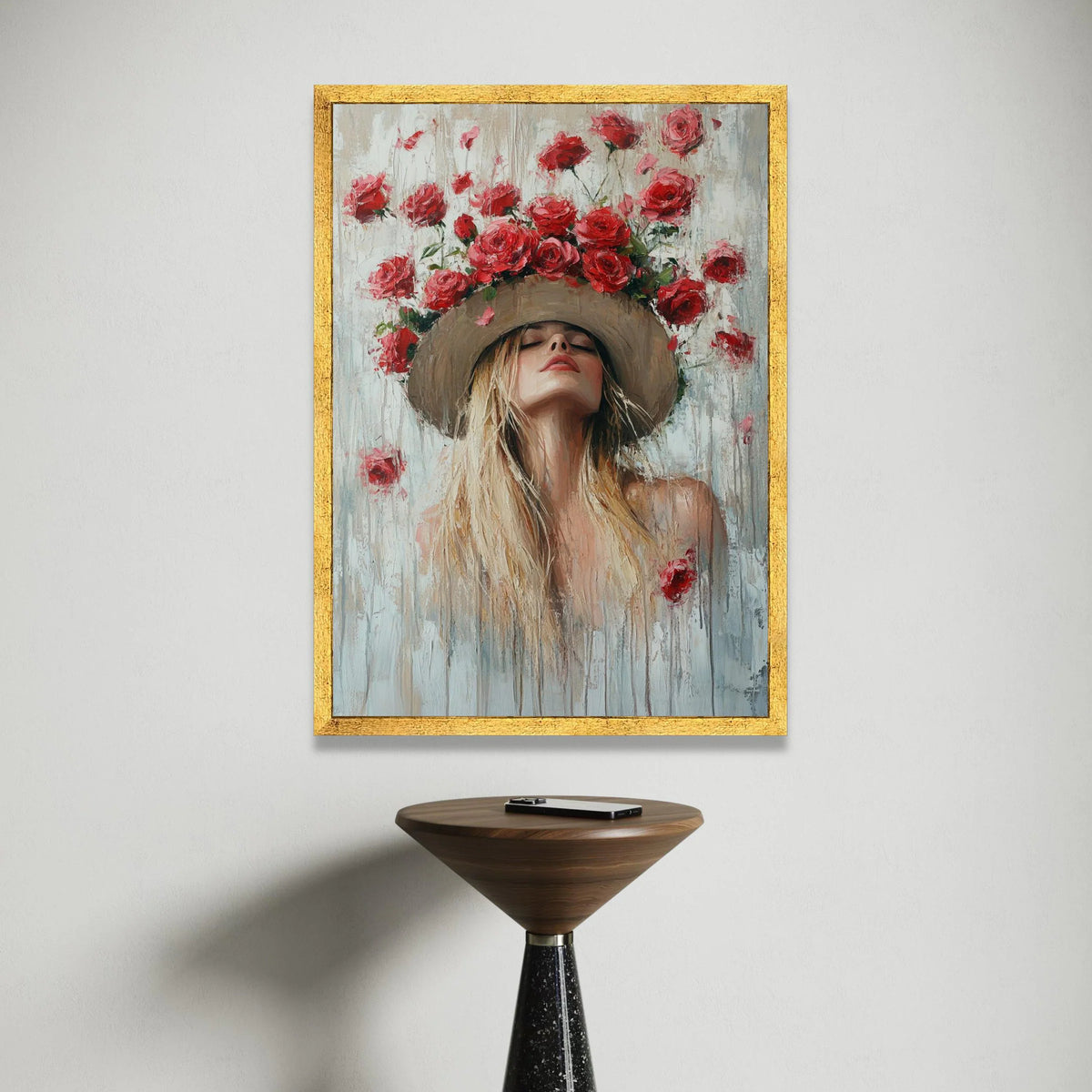 Elegant Woman with Floral Hat Canvas, Romantic Red Roses Wall Art, Portrait Painting on Canvas, Feminine Home Decor, Nature Canvas Print Art