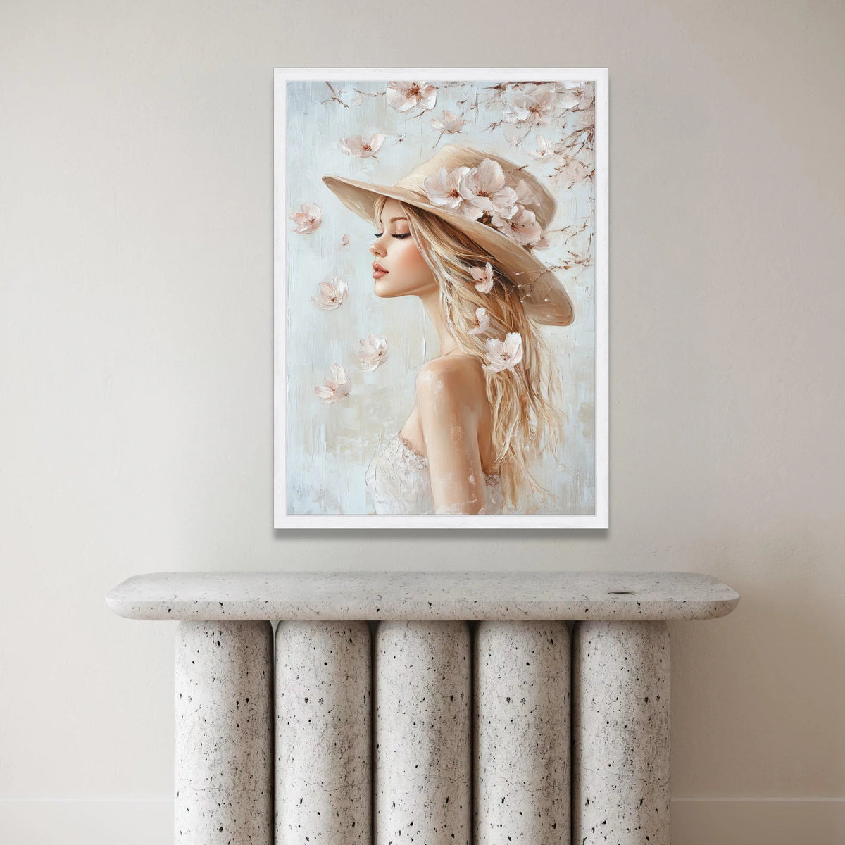 Elegant Woman with Floral Hat Canvas, Feminine Portrait Wall Art, Soft Pastel Home Decor, Romantic Girl Canvas Painting, Canvas Print Art