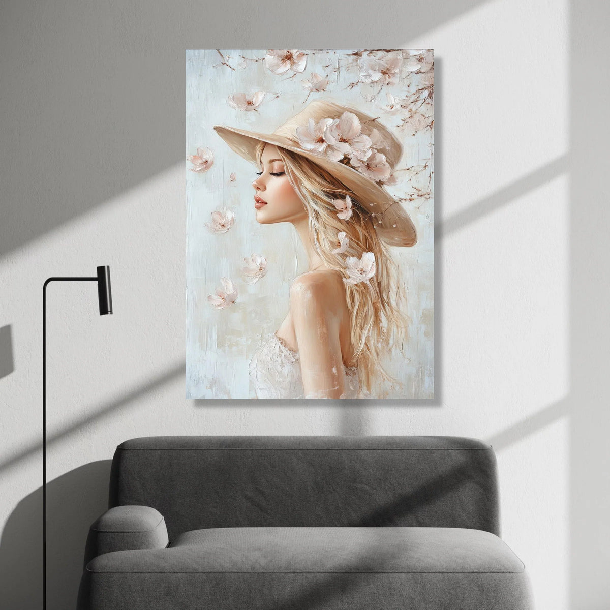 Elegant Woman with Floral Hat Canvas, Feminine Portrait Wall Art, Soft Pastel Home Decor, Romantic Girl Canvas Painting, Canvas Print Art
