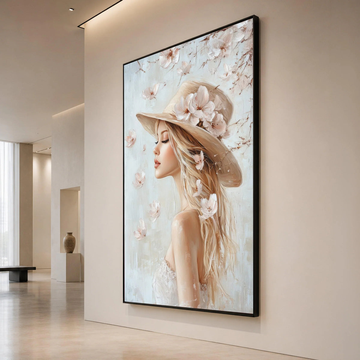 Elegant Woman with Floral Hat Canvas, Feminine Portrait Wall Art, Soft Pastel Home Decor, Romantic Girl Canvas Painting, Canvas Print Art