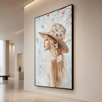 Elegant Woman with Floral Hat Canvas, Feminine Portrait Wall Art, Soft Pastel Home Decor, Romantic Girl Canvas Painting, Canvas Print Art