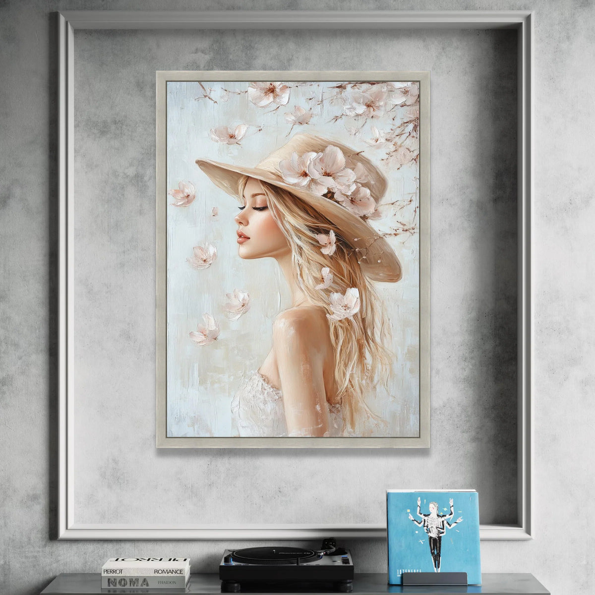Elegant Woman with Floral Hat Canvas, Feminine Portrait Wall Art, Soft Pastel Home Decor, Romantic Girl Canvas Painting, Canvas Print Art