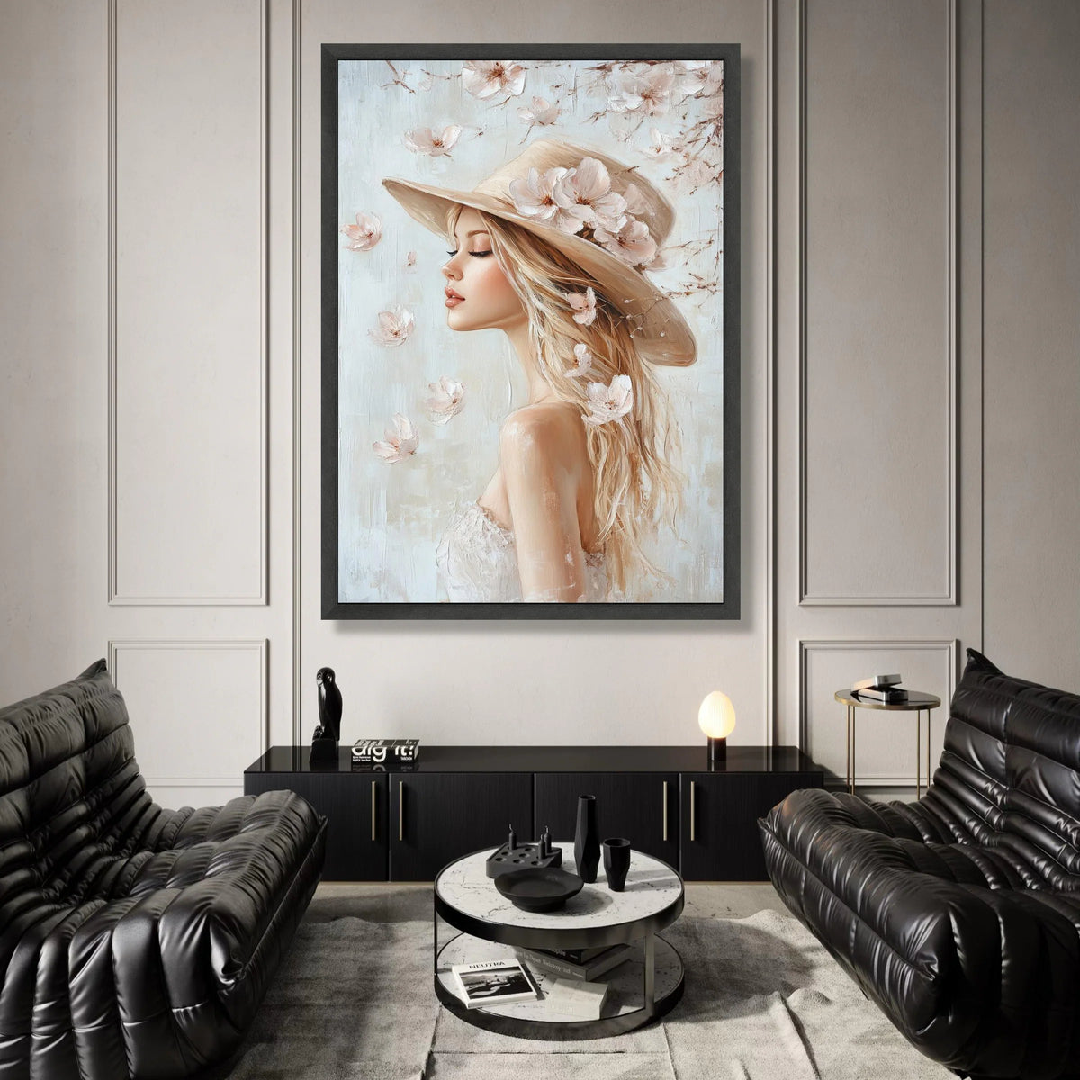 Elegant Woman with Floral Hat Canvas, Feminine Portrait Wall Art, Soft Pastel Home Decor, Romantic Girl Canvas Painting, Canvas Print Art