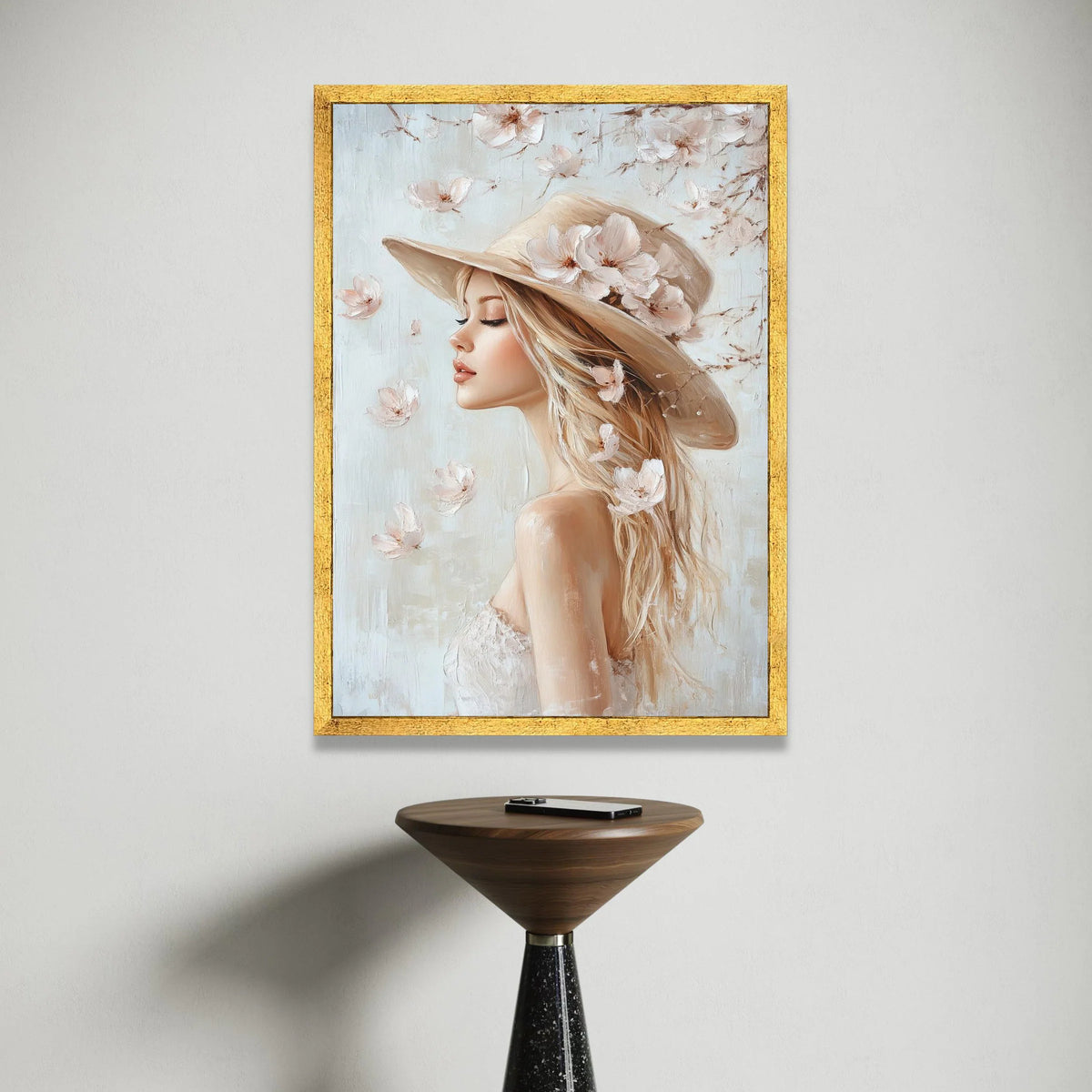 Elegant Woman with Floral Hat Canvas, Feminine Portrait Wall Art, Soft Pastel Home Decor, Romantic Girl Canvas Painting, Canvas Print Art