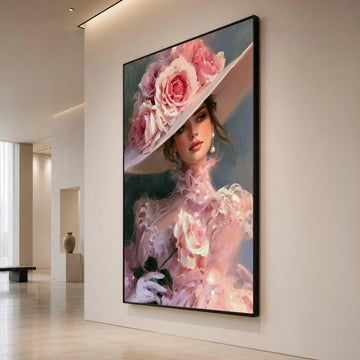 Elegant Lady Portrait Canvas Wall Art, Pink Floral Hat Fashion, Romantic Vintage Style, Feminine Decorative Canvas, Soft Canvas Print Art