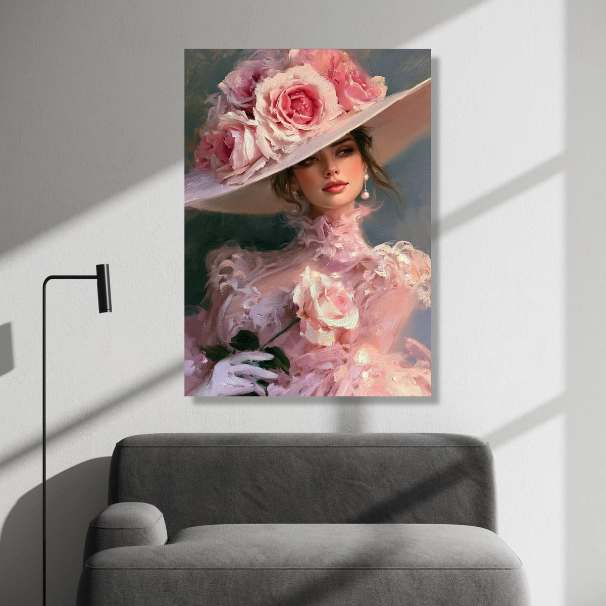 Elegant Lady Portrait Canvas Wall Art, Pink Floral Hat Fashion, Romantic Vintage Style, Feminine Decorative Canvas, Soft Canvas Print Art
