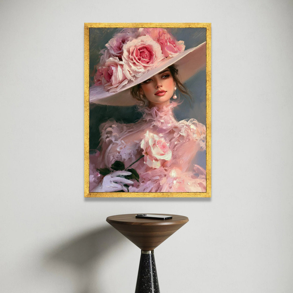 Elegant Lady Portrait Canvas Wall Art, Pink Floral Hat Fashion, Romantic Vintage Style, Feminine Decorative Canvas, Soft Canvas Print Art