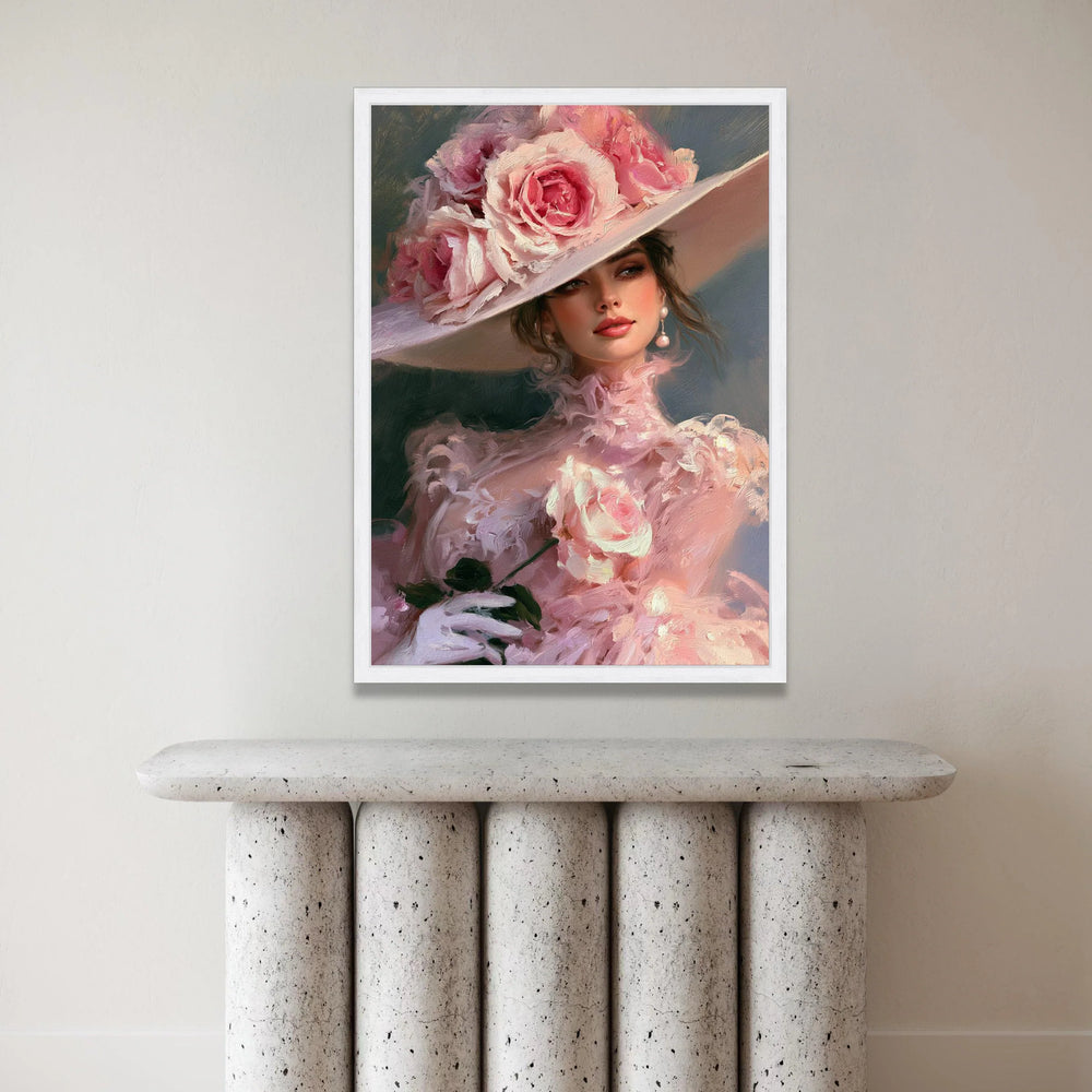 Elegant Lady Portrait Canvas Wall Art, Pink Floral Hat Fashion, Romantic Vintage Style, Feminine Decorative Canvas, Soft Canvas Print Art