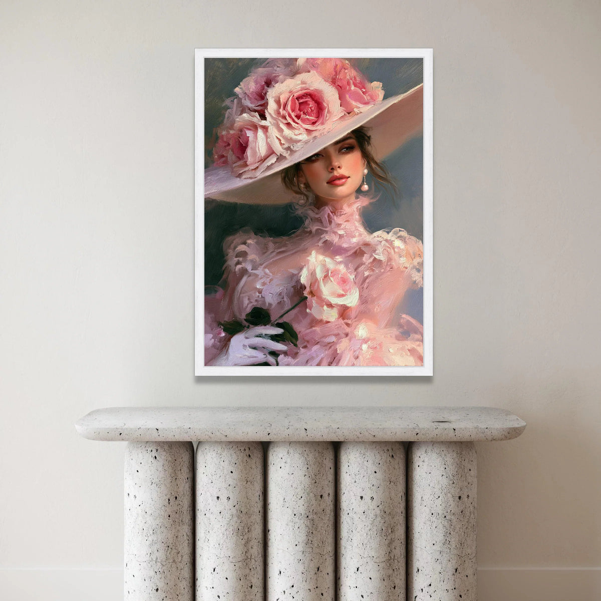 Elegant Lady Portrait Canvas Wall Art, Pink Floral Hat Fashion, Romantic Vintage Style, Feminine Decorative Canvas, Soft Canvas Print Art