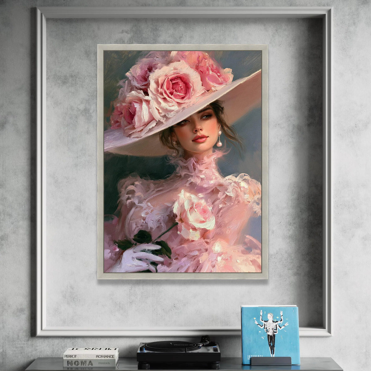 Elegant Lady Portrait Canvas Wall Art, Pink Floral Hat Fashion, Romantic Vintage Style, Feminine Decorative Canvas, Soft Canvas Print Art