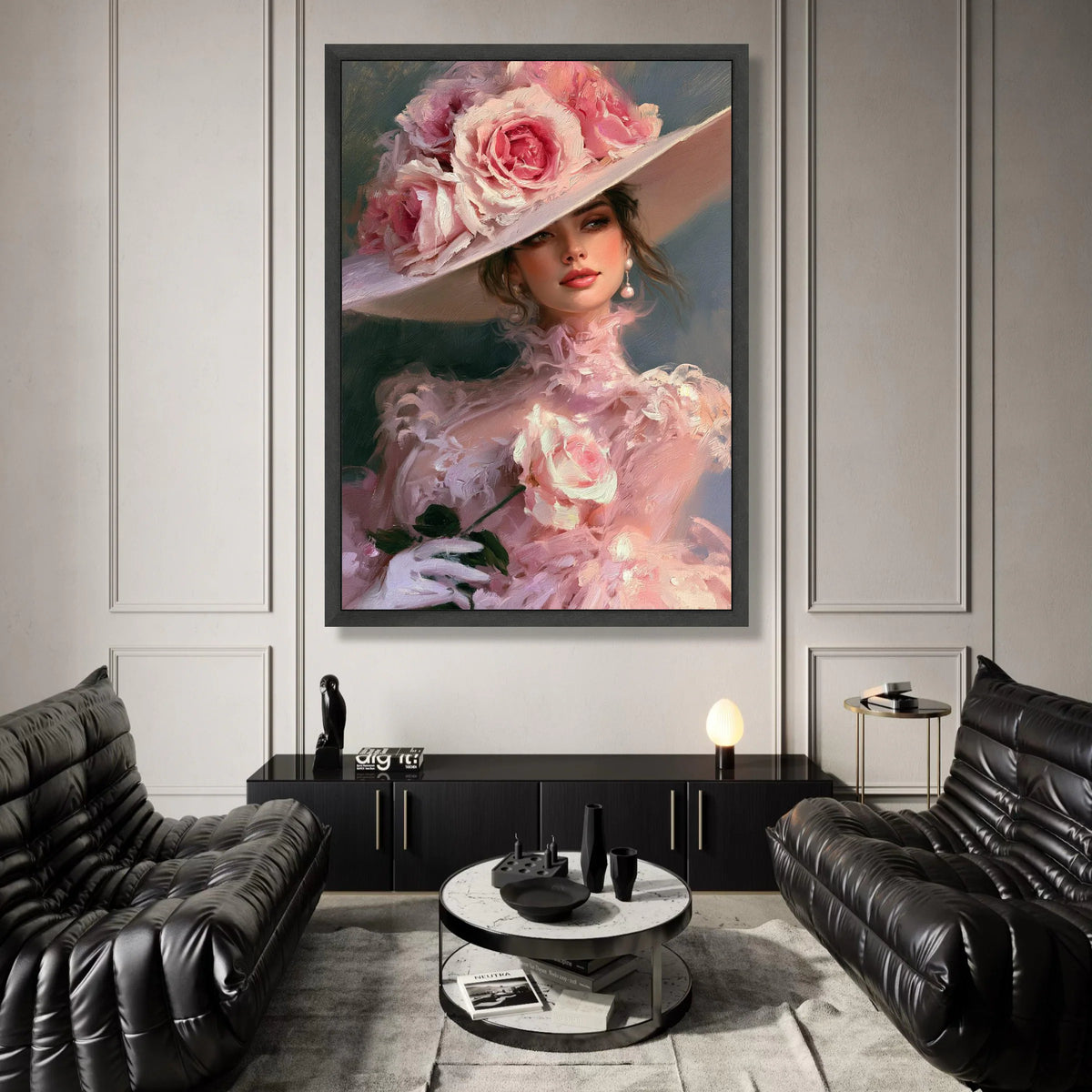 Elegant Lady Portrait Canvas Wall Art, Pink Floral Hat Fashion, Romantic Vintage Style, Feminine Decorative Canvas, Soft Canvas Print Art