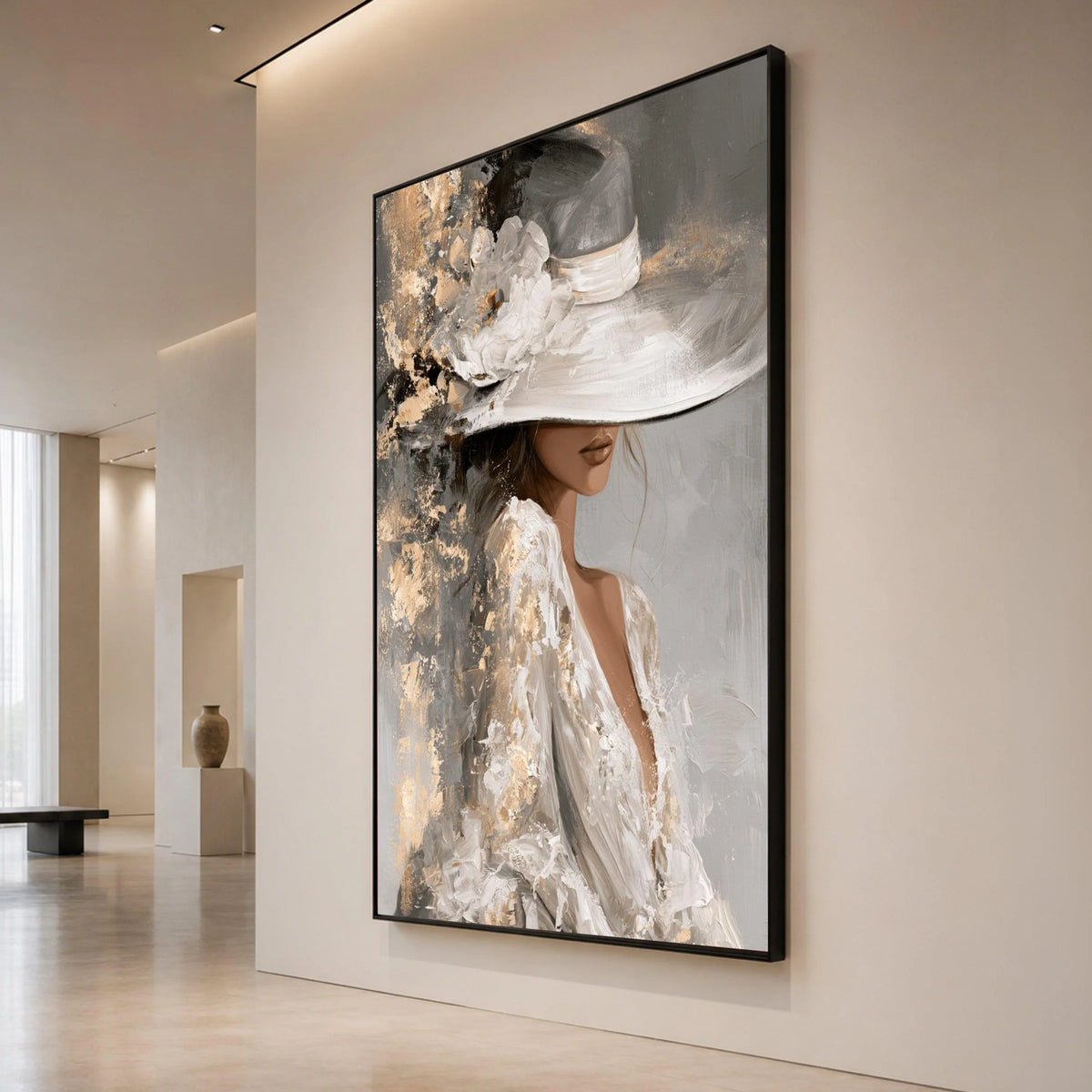 Elegant Woman Wide Brim Hat Canvas, Vintage Glamour Wall Art, Feminine Portrait Canvas, Classy Fashion Artwork, Chic Home Canvas Print Art