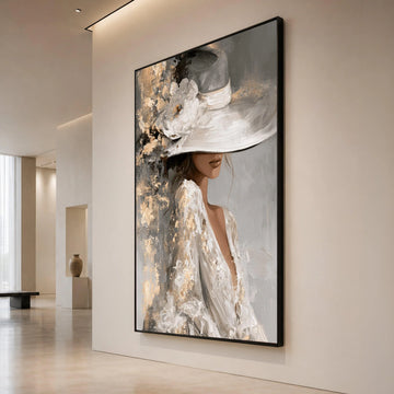 Elegant Woman Wide Brim Hat Canvas, Vintage Glamour Wall Art, Feminine Portrait Canvas, Classy Fashion Artwork, Chic Home Canvas Print Art