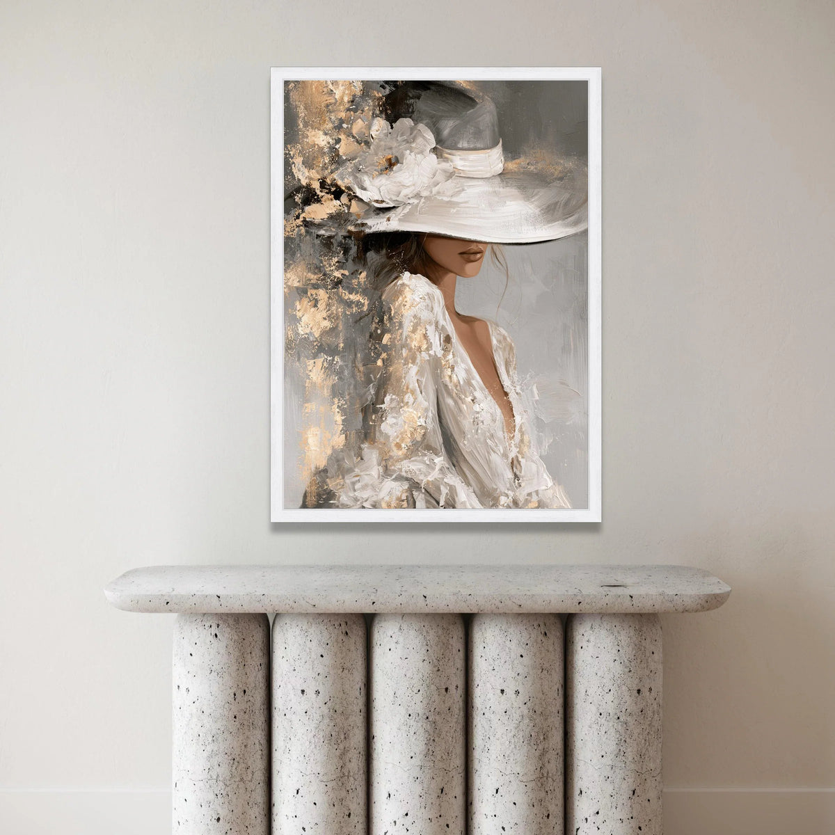 Elegant Woman Wide Brim Hat Canvas, Vintage Glamour Wall Art, Feminine Portrait Canvas, Classy Fashion Artwork, Chic Home Canvas Print Art