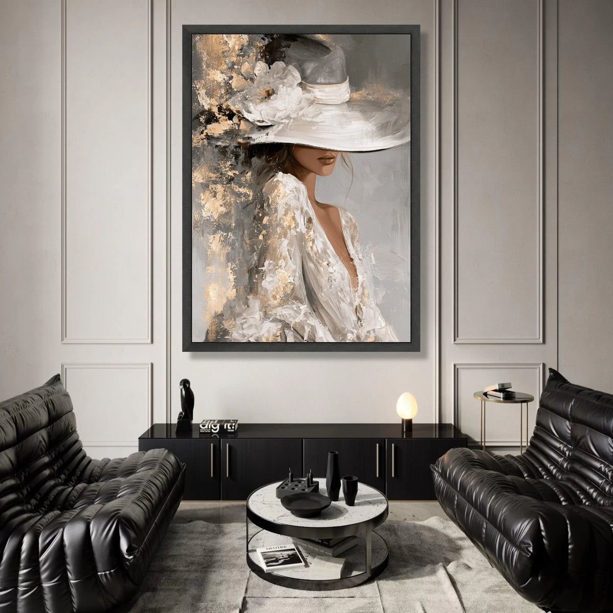 Elegant Woman Wide Brim Hat Canvas, Vintage Glamour Wall Art, Feminine Portrait Canvas, Classy Fashion Artwork, Chic Home Canvas Print Art