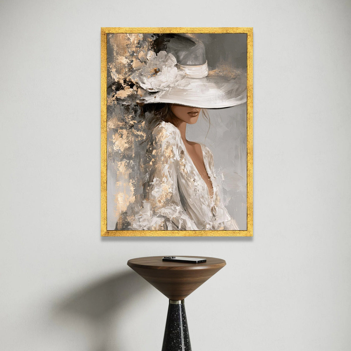 Elegant Woman Wide Brim Hat Canvas, Vintage Glamour Wall Art, Feminine Portrait Canvas, Classy Fashion Artwork, Chic Home Canvas Print Art