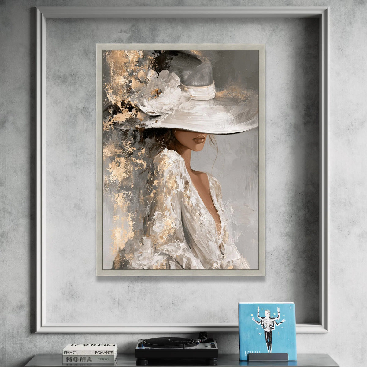 Elegant Woman Wide Brim Hat Canvas, Vintage Glamour Wall Art, Feminine Portrait Canvas, Classy Fashion Artwork, Chic Home Canvas Print Art