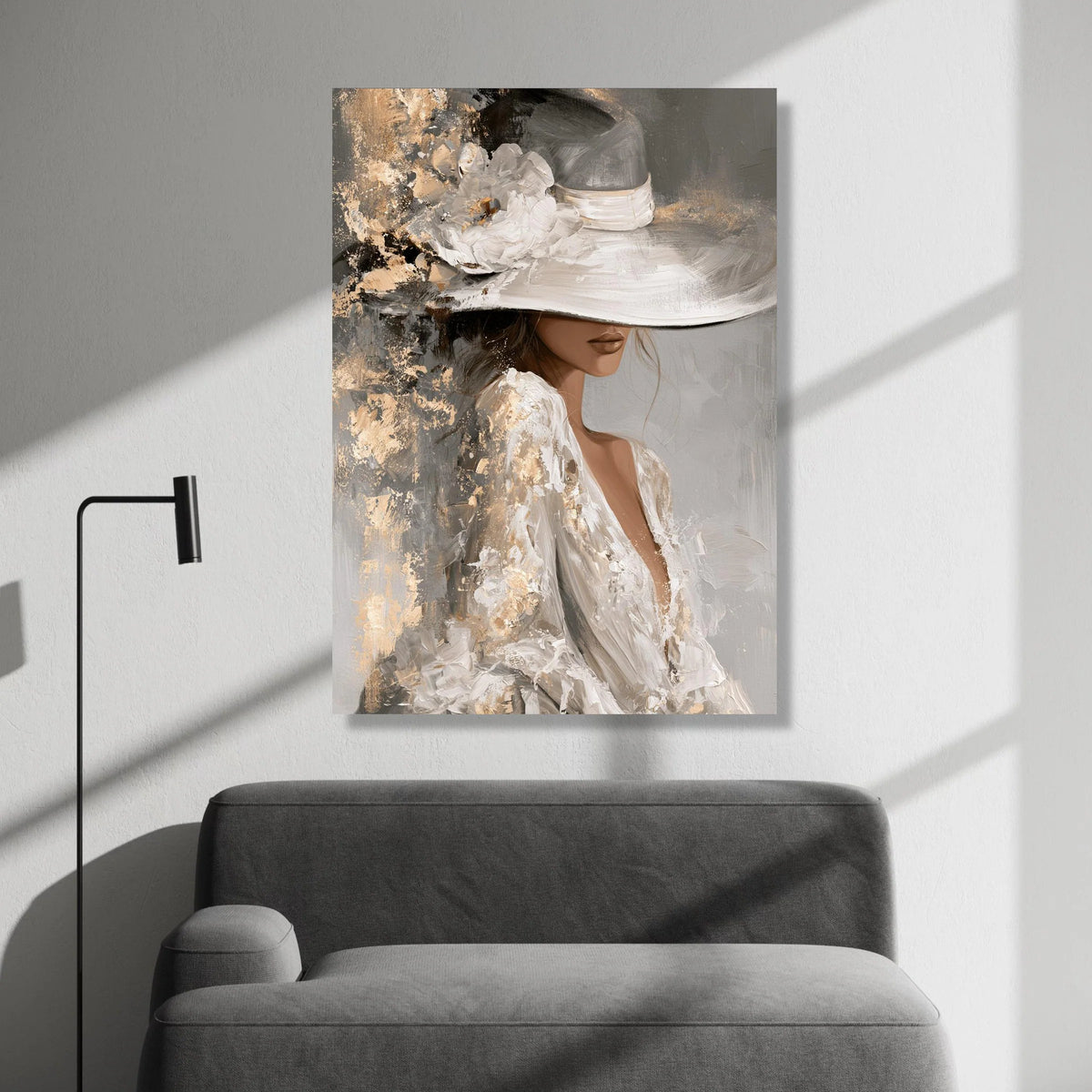 Elegant Woman Wide Brim Hat Canvas, Vintage Glamour Wall Art, Feminine Portrait Canvas, Classy Fashion Artwork, Chic Home Canvas Print Art