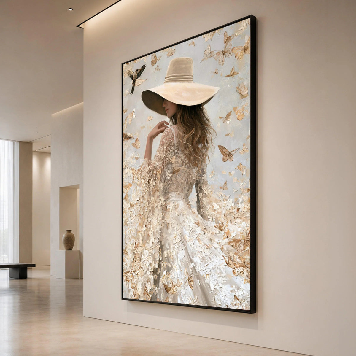 Elegant Woman Wide Brim Hat, Butterfly Flutter Canvas, Soft Neutral Tones Wall Art, Feminine Portrait Canvas, Nature Home Canvas Print Art