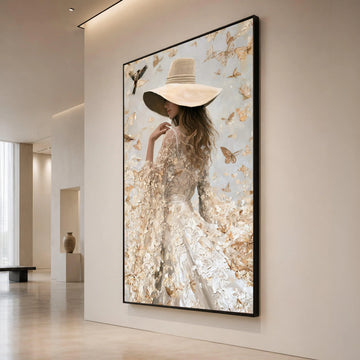Elegant Woman Wide Brim Hat, Butterfly Flutter Canvas, Soft Neutral Tones Wall Art, Feminine Portrait Canvas, Nature Home Canvas Print Art