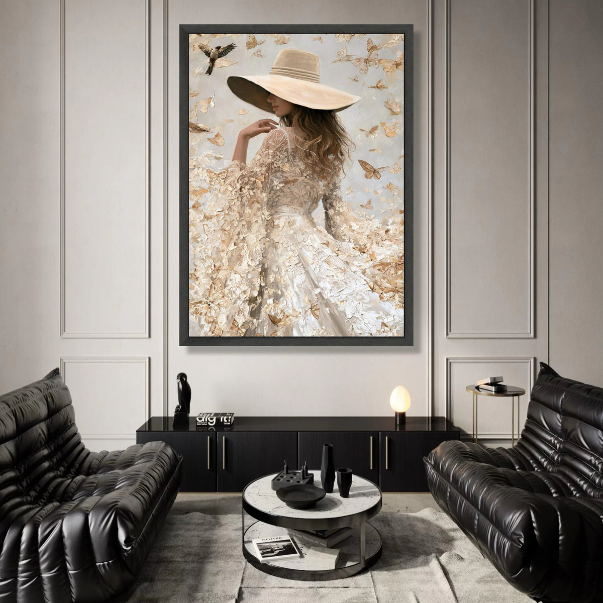 Elegant Woman Wide Brim Hat, Butterfly Flutter Canvas, Soft Neutral Tones Wall Art, Feminine Portrait Canvas, Nature Home Canvas Print Art