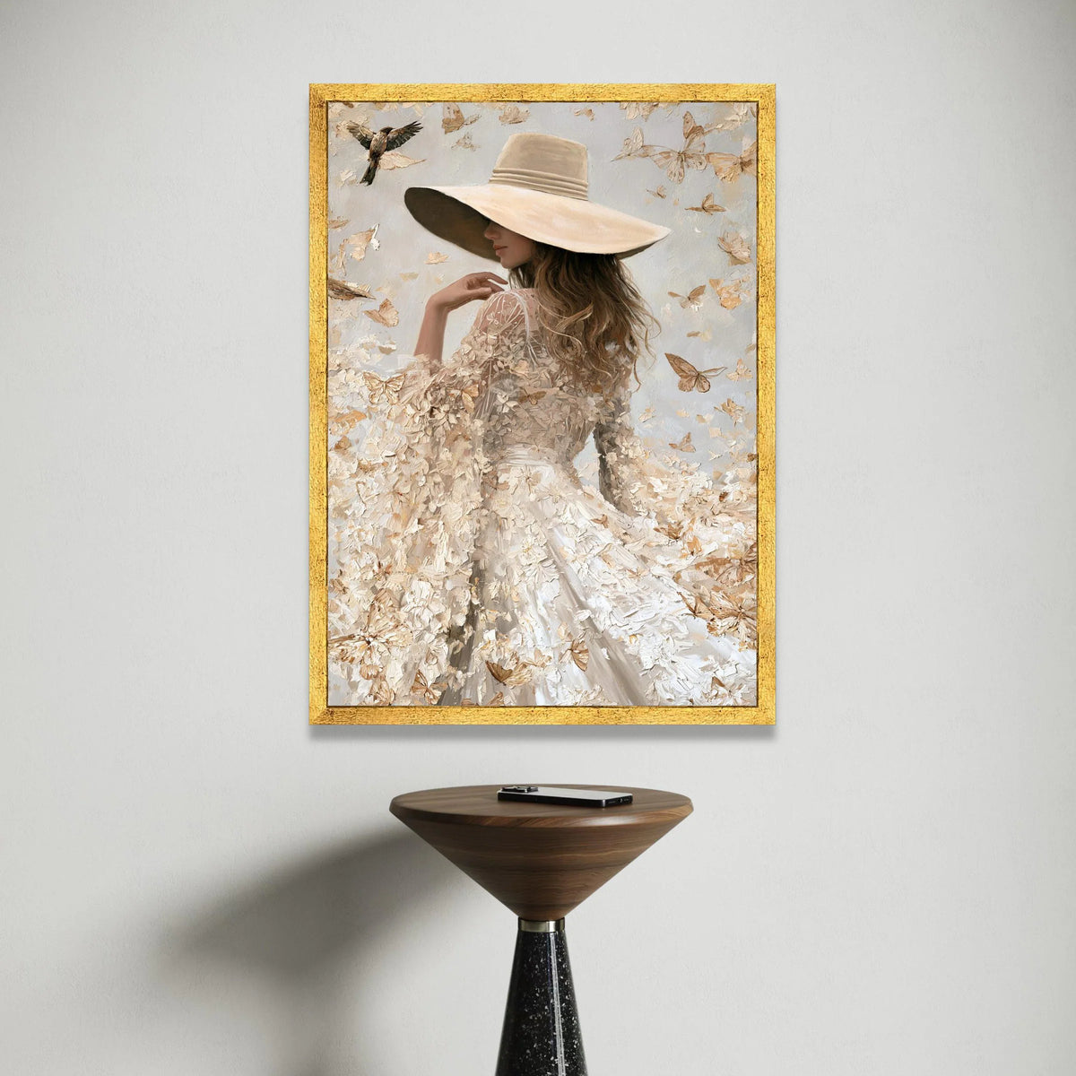 Elegant Woman Wide Brim Hat, Butterfly Flutter Canvas, Soft Neutral Tones Wall Art, Feminine Portrait Canvas, Nature Home Canvas Print Art