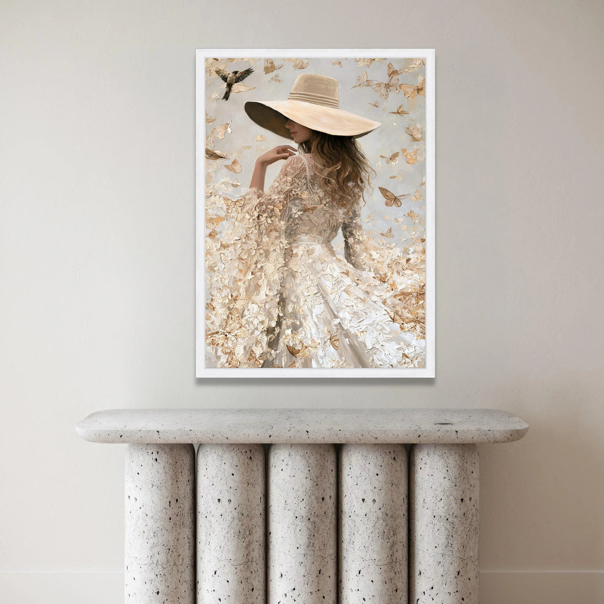 Elegant Woman Wide Brim Hat, Butterfly Flutter Canvas, Soft Neutral Tones Wall Art, Feminine Portrait Canvas, Nature Home Canvas Print Art