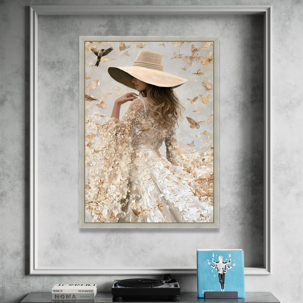 Elegant Woman Wide Brim Hat, Butterfly Flutter Canvas, Soft Neutral Tones Wall Art, Feminine Portrait Canvas, Nature Home Canvas Print Art