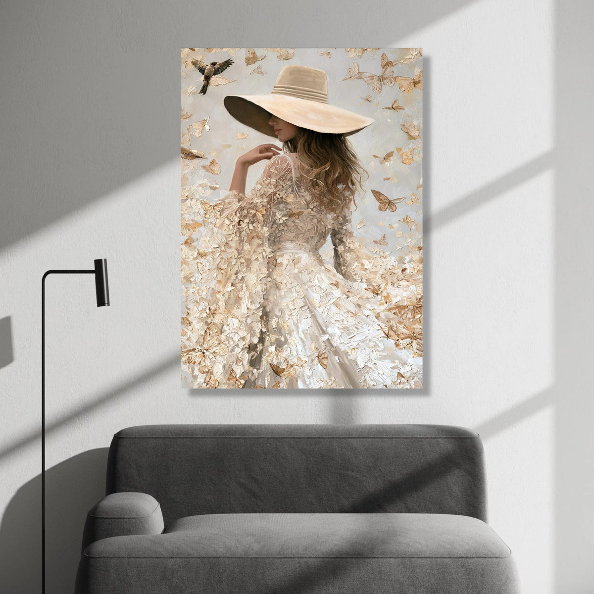 Elegant Woman Wide Brim Hat, Butterfly Flutter Canvas, Soft Neutral Tones Wall Art, Feminine Portrait Canvas, Nature Home Canvas Print Art