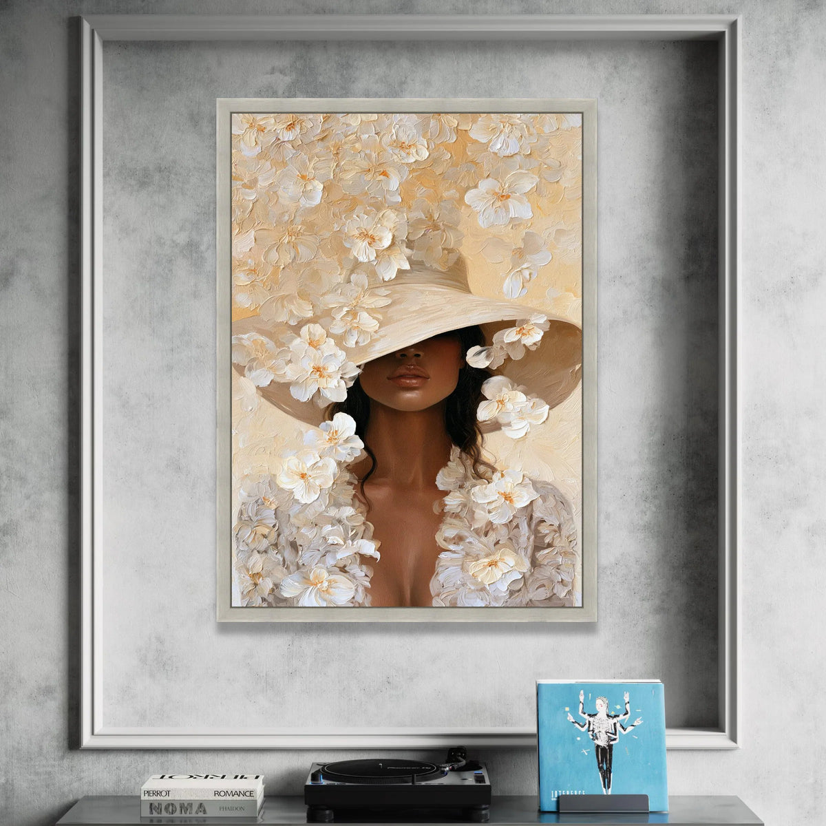 Elegant Woman Large Hat Canvas, Floral Portrait Wall Art, Modern Female Figure Print, Neutral Tones Canvas Decoration, Canvas Print Art