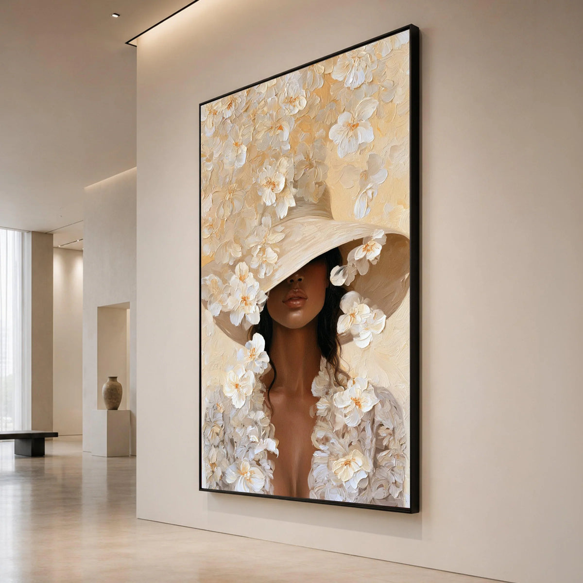 Elegant Woman Large Hat Canvas, Floral Portrait Wall Art, Modern Female Figure Print, Neutral Tones Canvas Decoration, Canvas Print Art