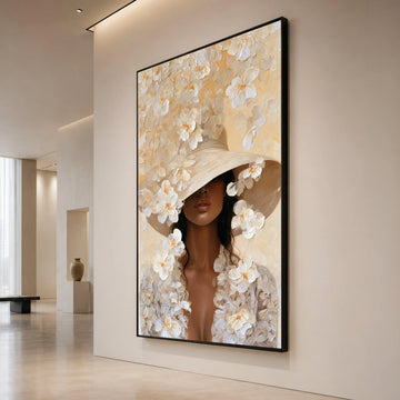 Elegant Woman Large Hat Canvas, Floral Portrait Wall Art, Modern Female Figure Print, Neutral Tones Canvas Decoration, Canvas Print Art