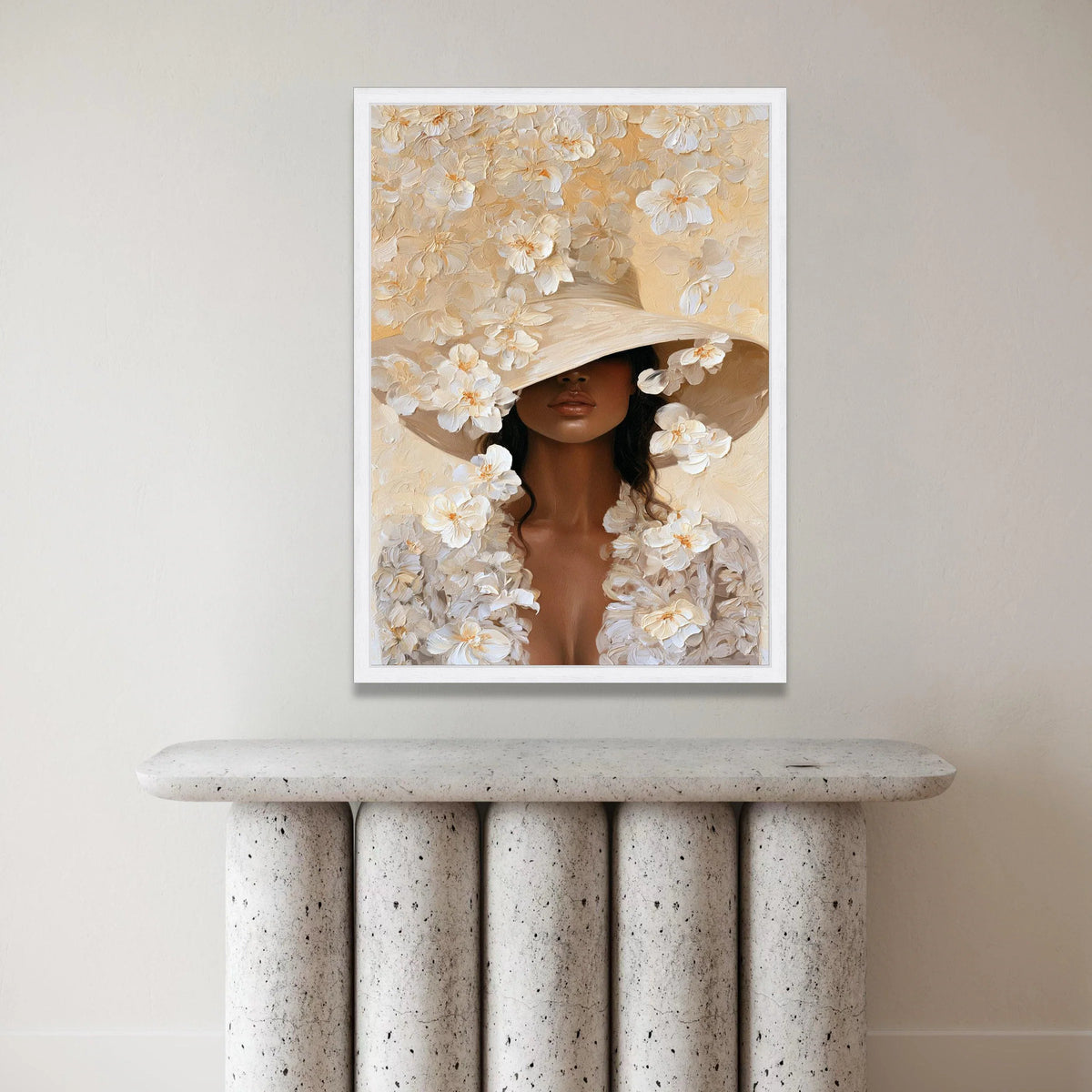 Elegant Woman Large Hat Canvas, Floral Portrait Wall Art, Modern Female Figure Print, Neutral Tones Canvas Decoration, Canvas Print Art