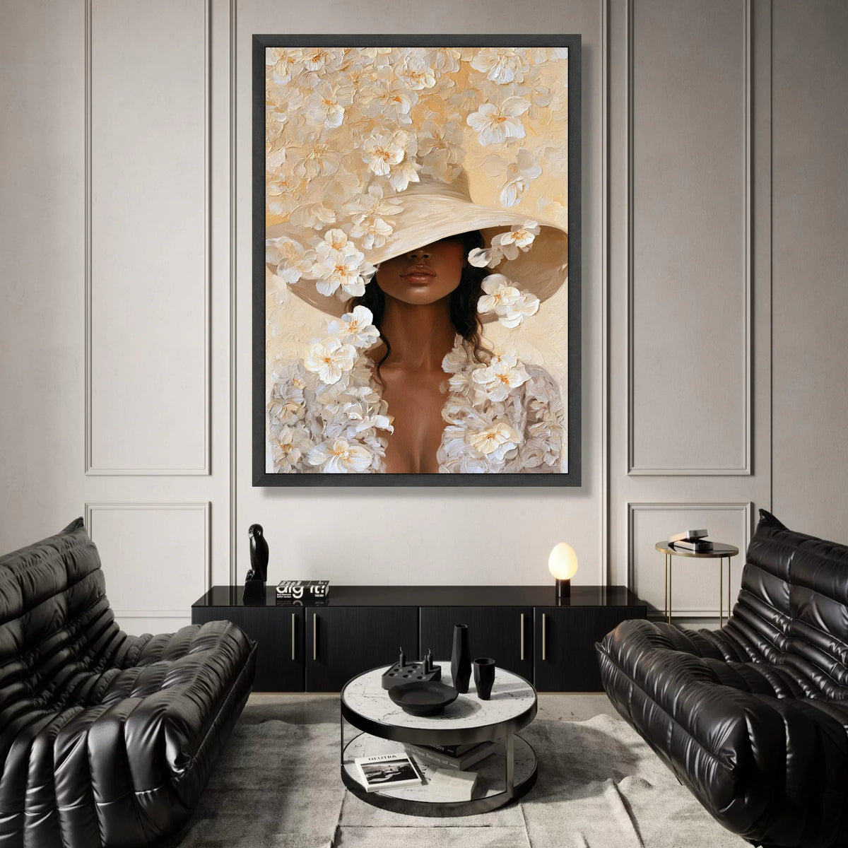 Elegant Woman Large Hat Canvas, Floral Portrait Wall Art, Modern Female Figure Print, Neutral Tones Canvas Decoration, Canvas Print Art