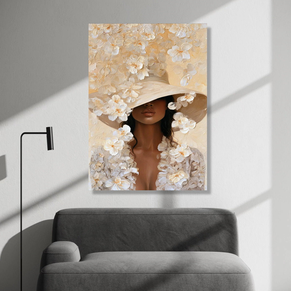 Elegant Woman Large Hat Canvas, Floral Portrait Wall Art, Modern Female Figure Print, Neutral Tones Canvas Decoration, Canvas Print Art
