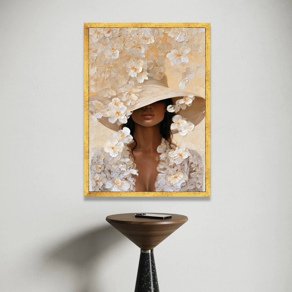 Elegant Woman Large Hat Canvas, Floral Portrait Wall Art, Modern Female Figure Print, Neutral Tones Canvas Decoration, Canvas Print Art