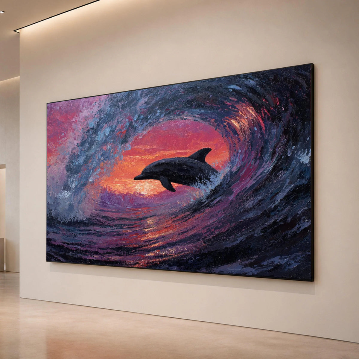 Dolphin Jumping Ocean Wave Canvas, Sunset Sea Life Wall Art, Marine Animal Decor, Coastal Landscape Painting, Vibrant Canvas Print Art