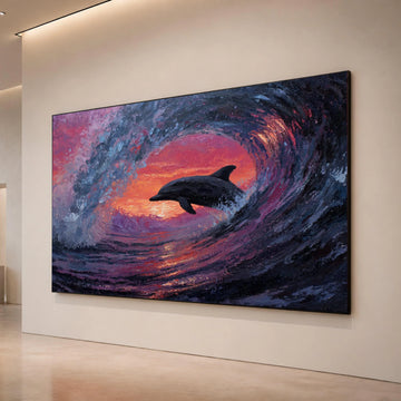 Dolphin Jumping Ocean Wave Canvas, Sunset Sea Life Wall Art, Marine Animal Decor, Coastal Landscape Painting, Vibrant Canvas Print Art