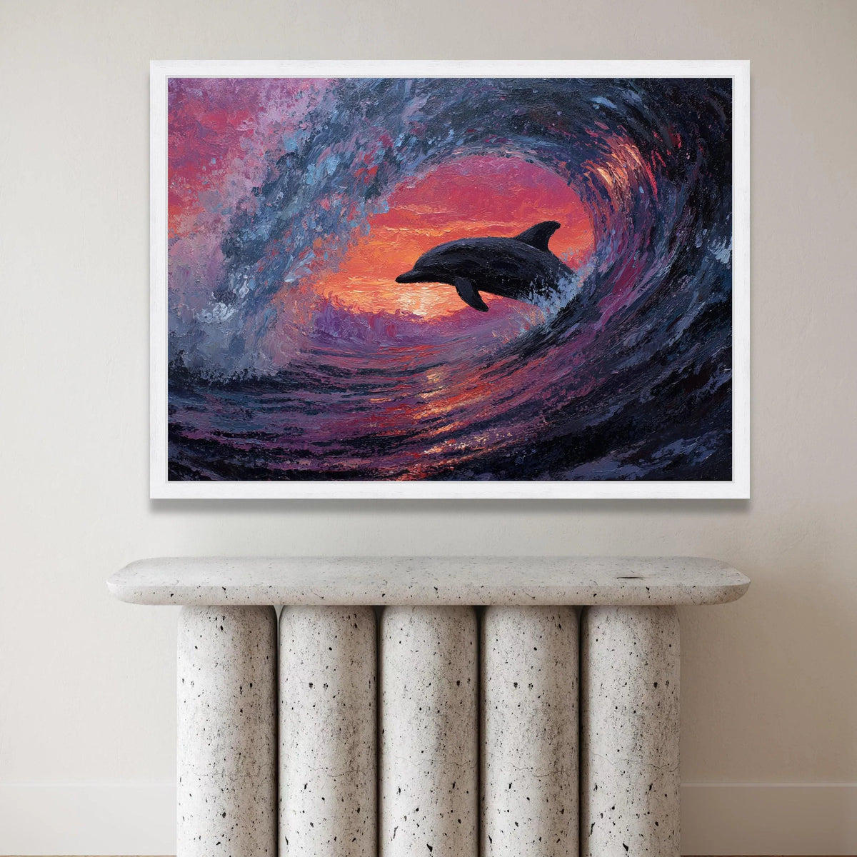 Dolphin Jumping Ocean Wave Canvas, Sunset Sea Life Wall Art, Marine Animal Decor, Coastal Landscape Painting, Vibrant Canvas Print Art