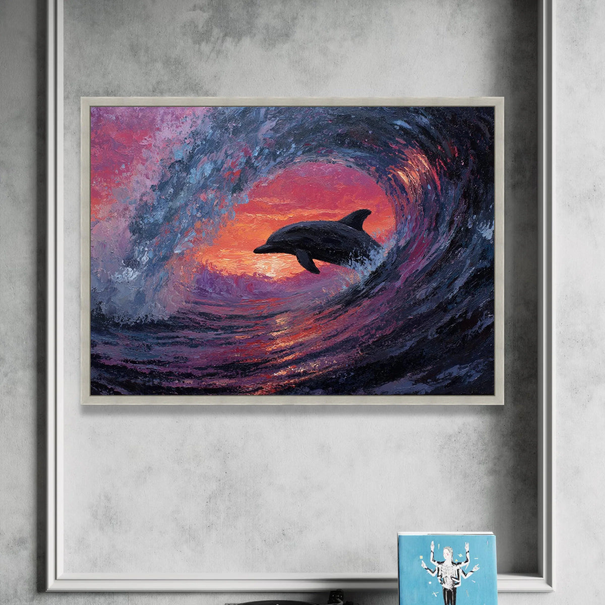 Dolphin Jumping Ocean Wave Canvas, Sunset Sea Life Wall Art, Marine Animal Decor, Coastal Landscape Painting, Vibrant Canvas Print Art