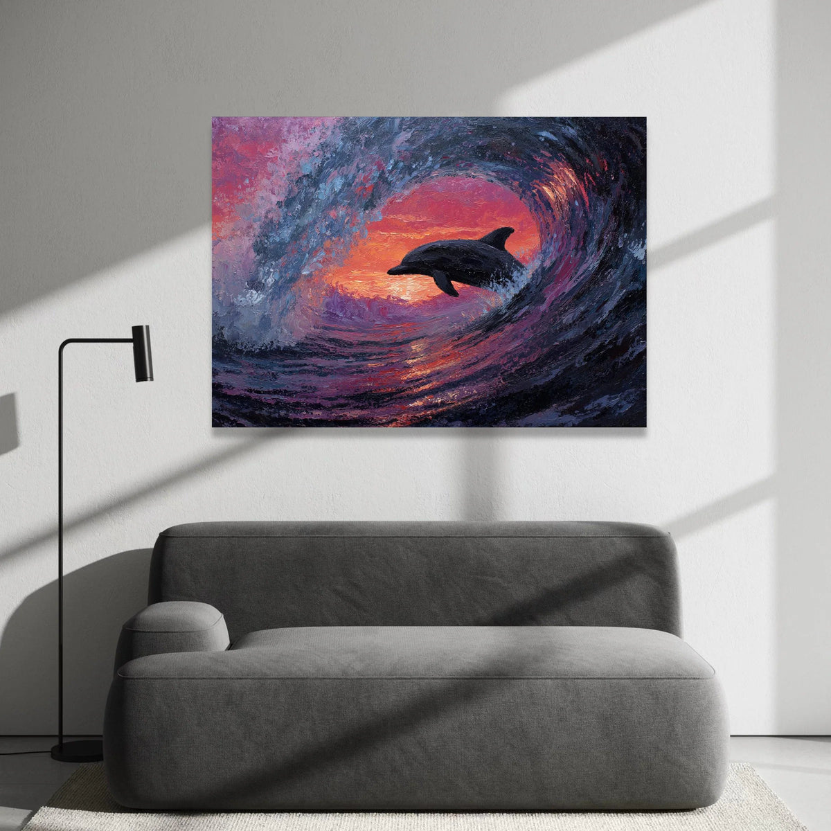 Dolphin Jumping Ocean Wave Canvas, Sunset Sea Life Wall Art, Marine Animal Decor, Coastal Landscape Painting, Vibrant Canvas Print Art