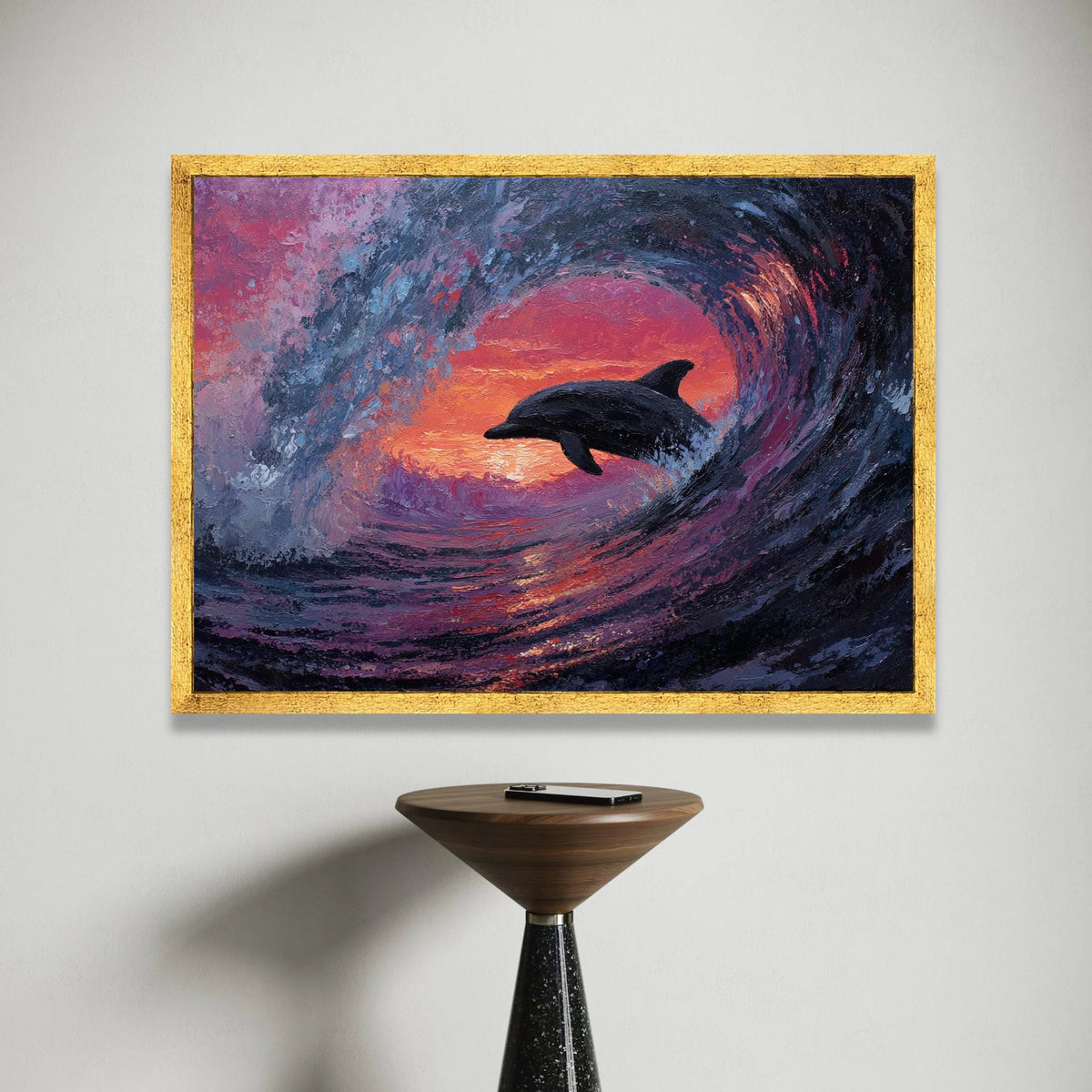 Dolphin Jumping Ocean Wave Canvas, Sunset Sea Life Wall Art, Marine Animal Decor, Coastal Landscape Painting, Vibrant Canvas Print Art
