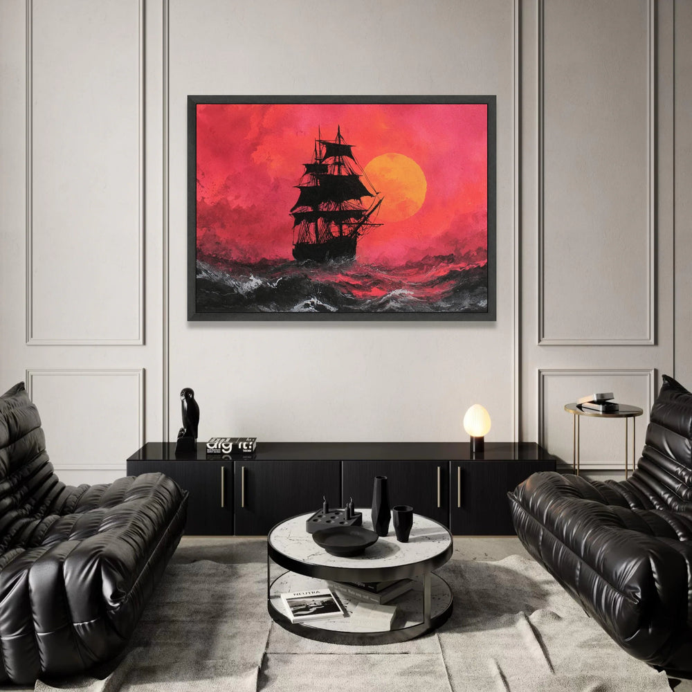 Sailing Ship Silhouette Canvas, Red Sunset Sky Wall Art, Ocean Waves Canvas Print, Nautical Adventure Canvas, Dramatic Sea Canvas Print Art