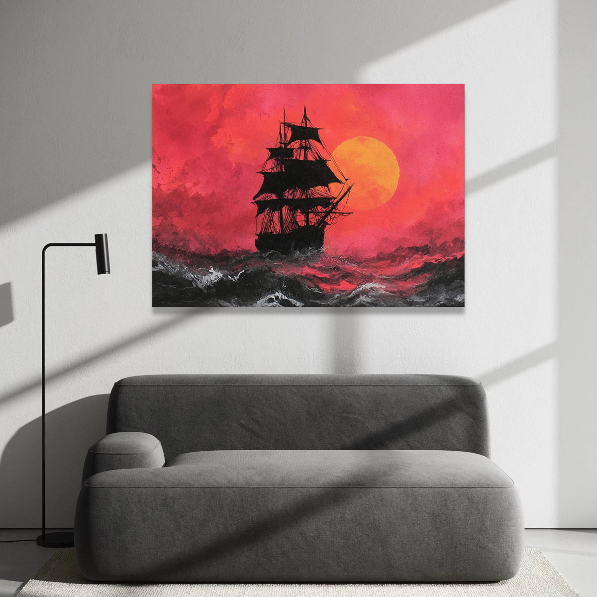 Sailing Ship Silhouette Canvas, Red Sunset Sky Wall Art, Ocean Waves Canvas Print, Nautical Adventure Canvas, Dramatic Sea Canvas Print Art