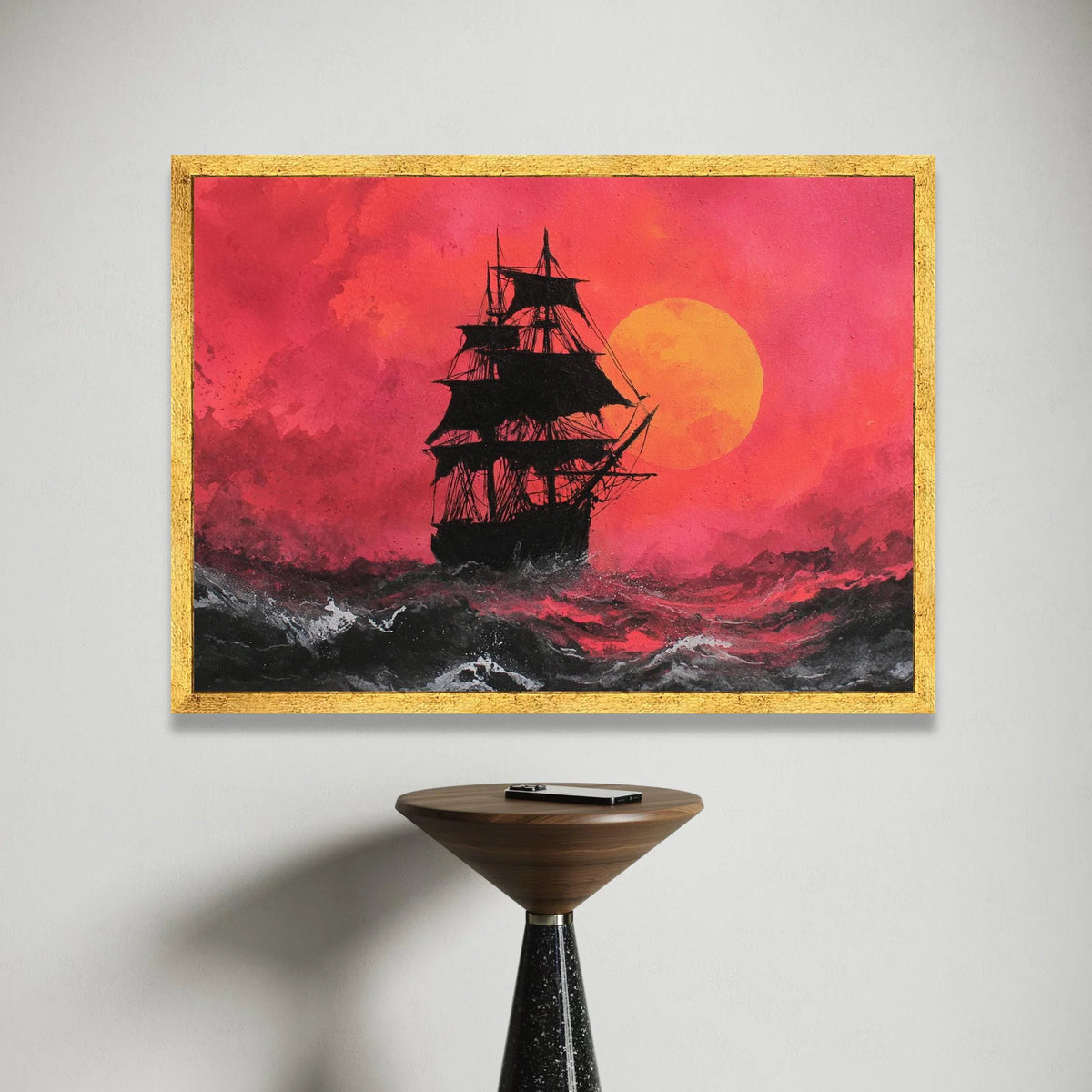 Sailing Ship Silhouette Canvas, Red Sunset Sky Wall Art, Ocean Waves Canvas Print, Nautical Adventure Canvas, Dramatic Sea Canvas Print Art