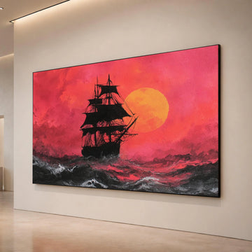Sailing Ship Silhouette Canvas, Red Sunset Sky Wall Art, Ocean Waves Canvas Print, Nautical Adventure Canvas, Dramatic Sea Canvas Print Art