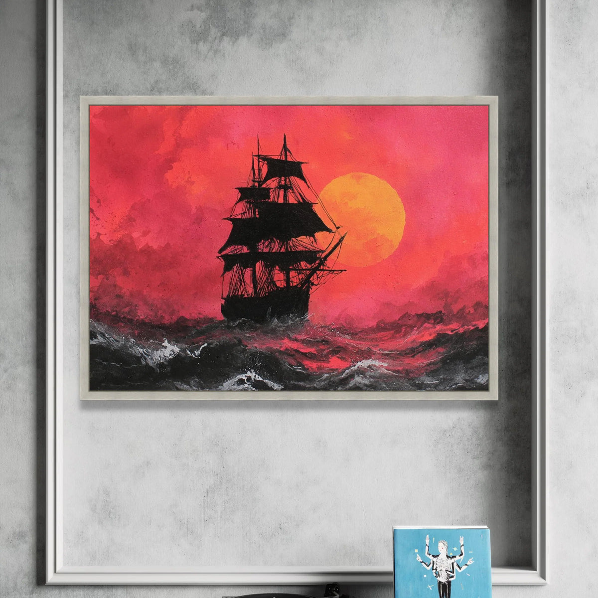 Sailing Ship Silhouette Canvas, Red Sunset Sky Wall Art, Ocean Waves Canvas Print, Nautical Adventure Canvas, Dramatic Sea Canvas Print Art